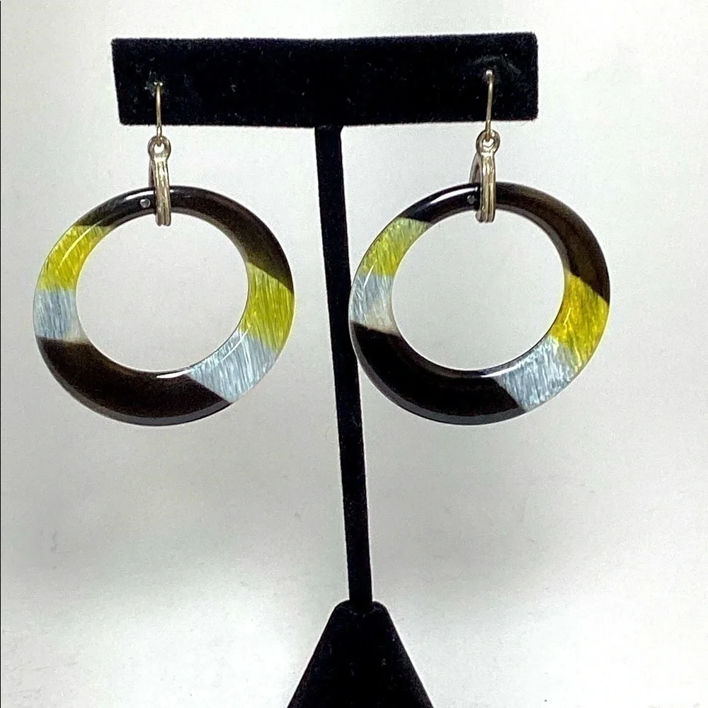 Acrylic Drop Hoop Earrings Silver Hook for Pierced Ears Black White Yellow